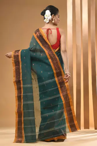 Teal Pure Cotton Tant Saree With Zari Border Without Blouse