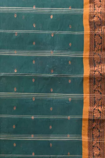Teal Pure Cotton Tant Saree With Zari Border Without Blouse