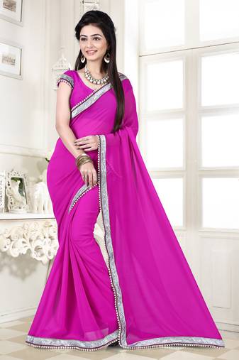 Pink Stone Moti Embroidery Work Georgette Saree