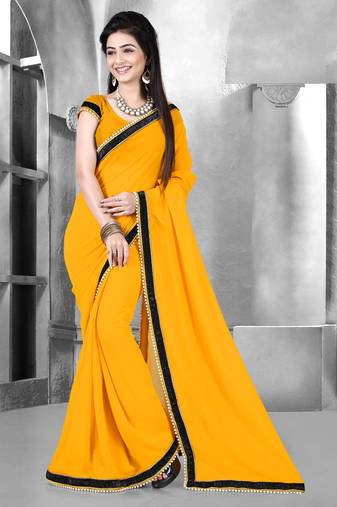 Yellow Stone Moti Embroidery Work Georgette Saree