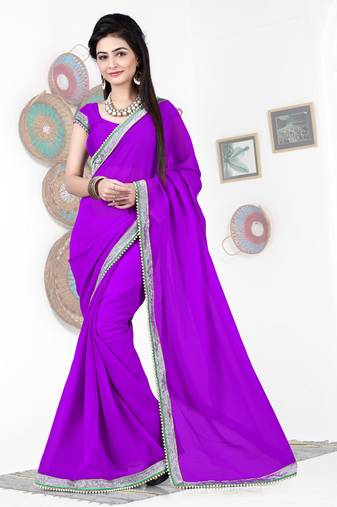 Purple Stone Moti Embroidery Work Georgette Saree