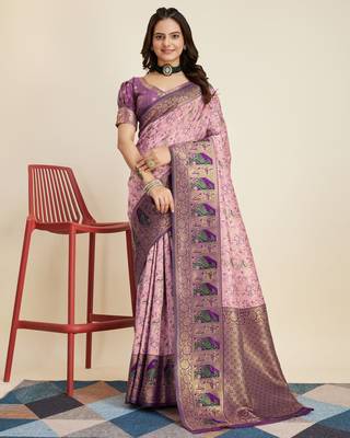 Pink colour soft faux kanjiwaram silk saree with jaquard work blouse piece 1