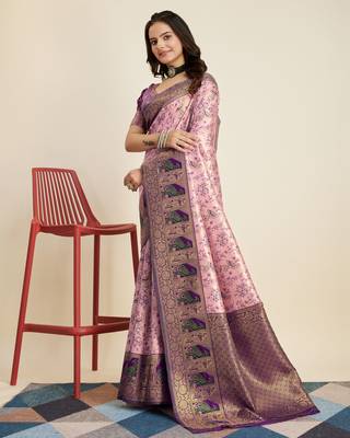 Pink colour soft faux kanjiwaram silk saree with jaquard work blouse piece 2