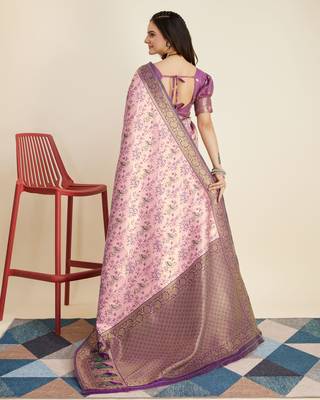 Pink colour soft faux kanjiwaram silk saree with jaquard work blouse piece 3