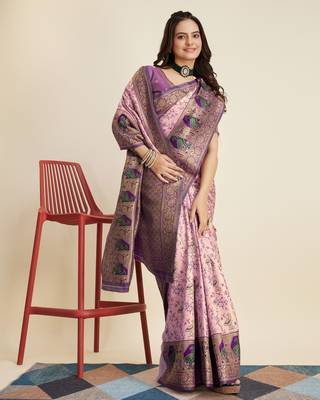 Pink colour soft faux kanjiwaram silk saree with jaquard work blouse piece 4