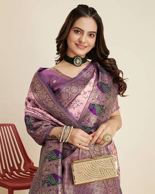 Pink colour soft faux kanjiwaram silk saree with jaquard work blouse piece 5