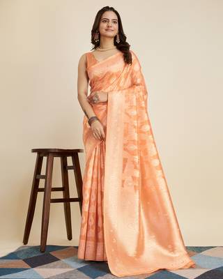 Orange colour soft faux kanjiwaram silk saree with jaquard work blouse piece 2
