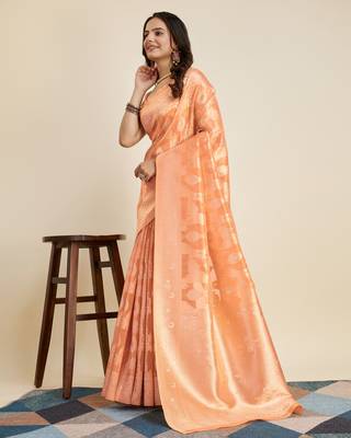 Orange colour soft faux kanjiwaram silk saree with jaquard work blouse piece 4