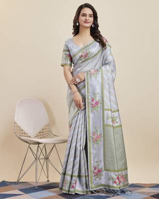 Grey  colour soft faux kanjiwaram silk saree with jaquard work blouse piece 1