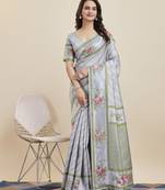 Grey  colour soft faux kanjiwaram silk saree with jaquard work blouse piece