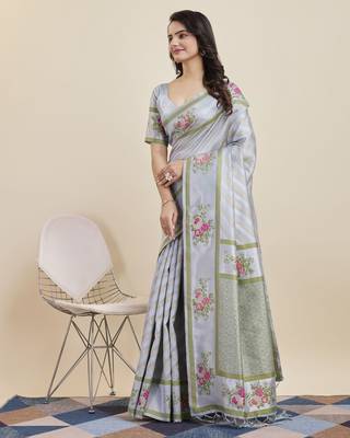 Grey  colour soft faux kanjiwaram silk saree with jaquard work blouse piece 2