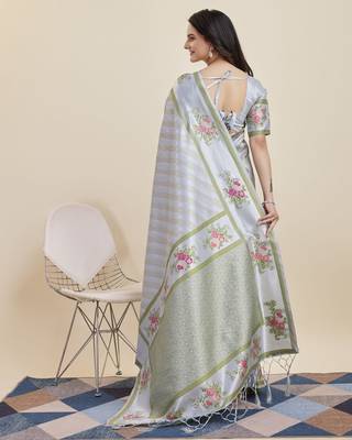 Grey  colour soft faux kanjiwaram silk saree with jaquard work blouse piece 3