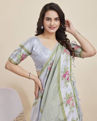 Grey  colour soft faux kanjiwaram silk saree with jaquard work blouse piece 4
