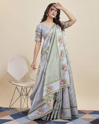 Grey  colour soft faux kanjiwaram silk saree with jaquard work blouse piece 5