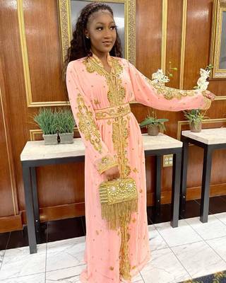 Elegant Peach Kaftan Gown with Gold Zari Work | Festive & Casual Event Wear 1