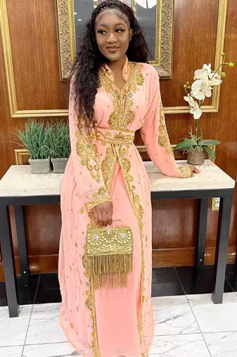 Elegant Peach Kaftan Gown with Gold Zari Work | Festive & Casual Event Wear