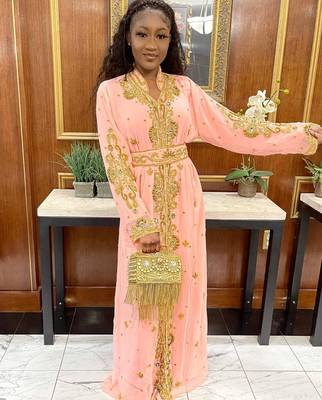 Elegant Peach Kaftan Gown with Gold Zari Work | Festive & Casual Event Wear 3