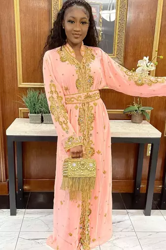 Elegant Peach Kaftan Gown with Gold Zari Work | Festive & Casual Event Wear