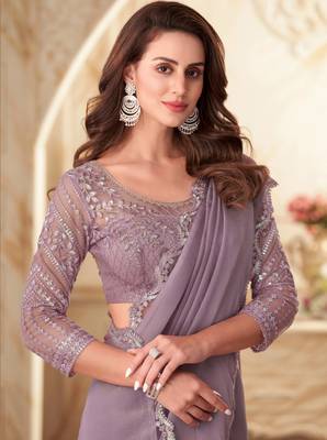 Lavender sequin silk georgette saree with blouse 2