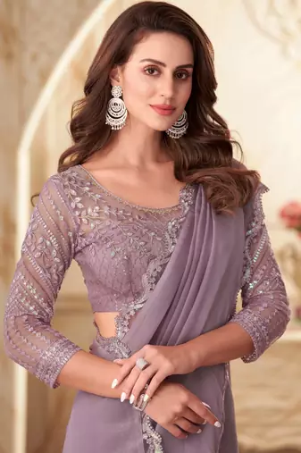 Lavender sequin silk georgette saree with blouse