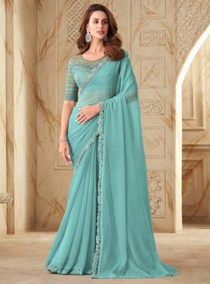 Sky blue sequin silk georgette high end party saree with blouse 1