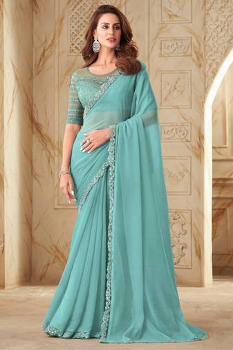 Sky blue sequin silk georgette high end party saree with blouse