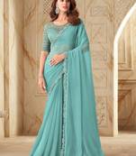 Sky blue sequin silk georgette high end party saree with blouse