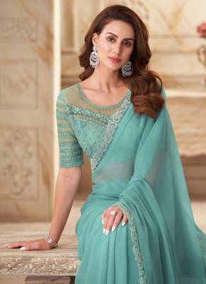 Sky blue sequin silk georgette high end party saree with blouse 2