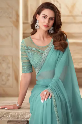 Sky blue sequin silk georgette high end party saree with blouse