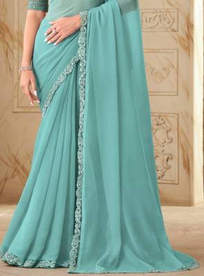 Sky blue sequin silk georgette high end party saree with blouse 3