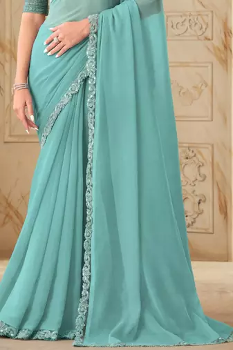Sky blue sequin silk georgette high end party saree with blouse