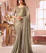 Tan sequin shimmer silk saree with work blouse for wedding party