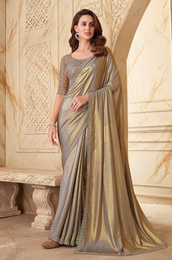Tan sequin shimmer silk saree with work blouse for wedding party