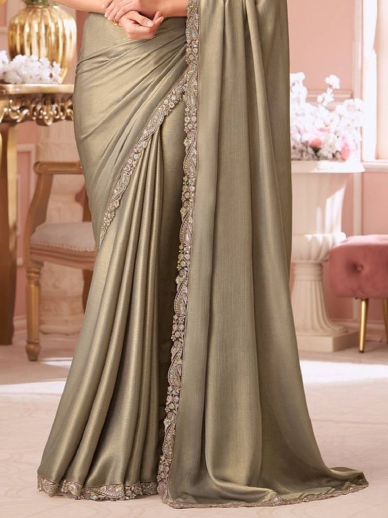 Tan sequin shimmer silk saree with work blouse for wedding party