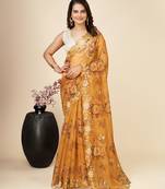 Musturd Yellow Soft Organza Digital PrintedEmbroidery Cut Work Saree With Plain Blouse  Peice