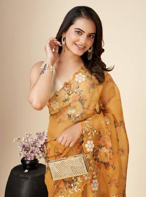Musturd Yellow Soft Organza Digital PrintedEmbroidery Cut Work Saree With Plain Blouse  Peice 2