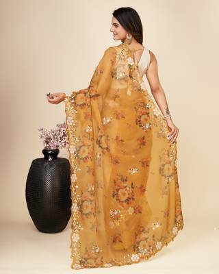 Musturd Yellow Soft Organza Digital PrintedEmbroidery Cut Work Saree With Plain Blouse  Peice 4