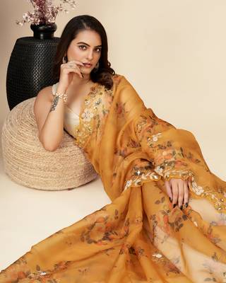 Musturd Yellow Soft Organza Digital PrintedEmbroidery Cut Work Saree With Plain Blouse  Peice 5