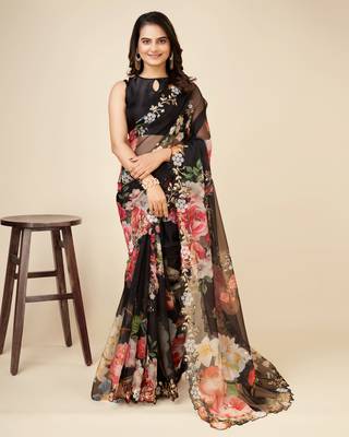 Black Oragzna Party Wear Saree With Plain Blouse Peice 1