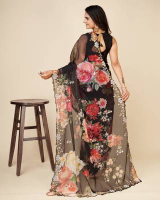 Black Oragzna Party Wear Saree With Plain Blouse Peice 2