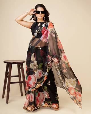 Black Oragzna Party Wear Saree With Plain Blouse Peice 4