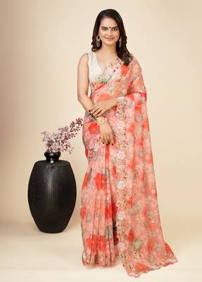 Peach Soft Organza Party Wear Saree 1