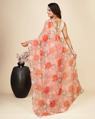 Peach Soft Organza Party Wear Saree 2