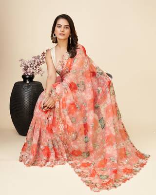 Peach Soft Organza Party Wear Saree 4