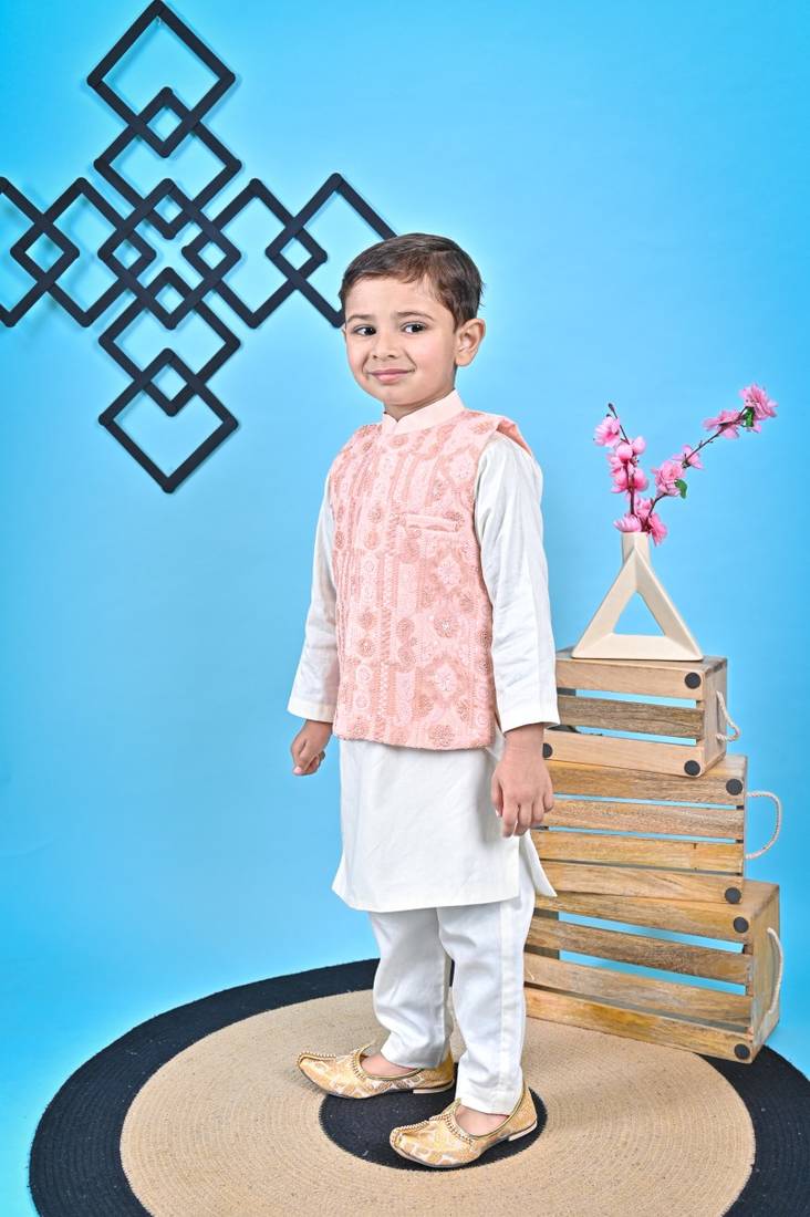 Off White Kurta  Churidar Peach Jacket 