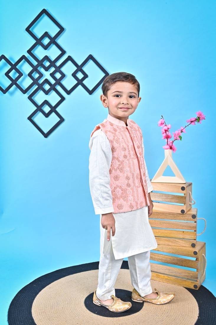 Off White Kurta  Churidar Peach Jacket 
