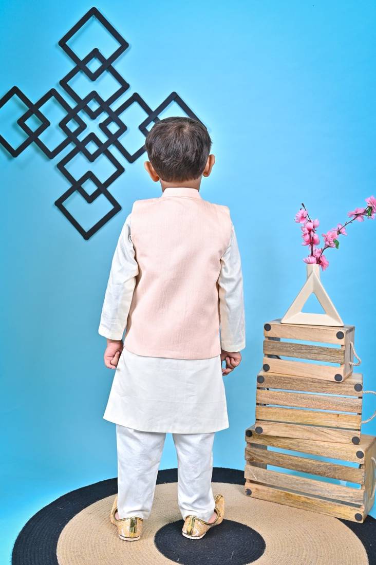 Off White Kurta  Churidar Peach Jacket 