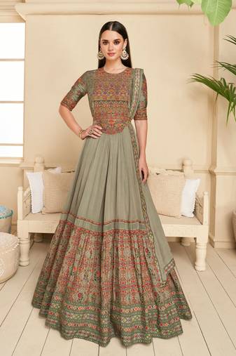 Grey Embroidered Georgette Stitched Gown. Free size full stitched Up To 42" Size