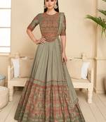 Grey Embroidered Georgette Stitched Gown. Free size full stitched Up To 42" Size