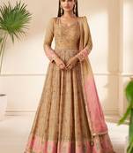 Golden Brown Embroidered Georgette Stitched Gown. Free size full stitched Up To 42" Size